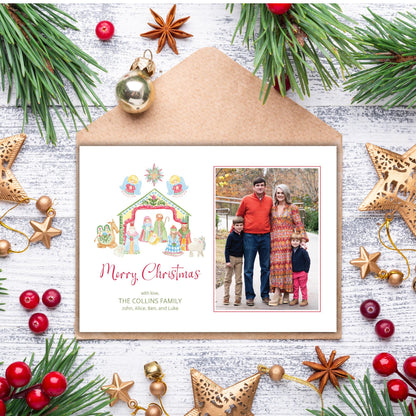 A Christmas card with a family photo and a nativity scene, surrounded by holiday decorations such as pine branches, star ornaments, and red berries.