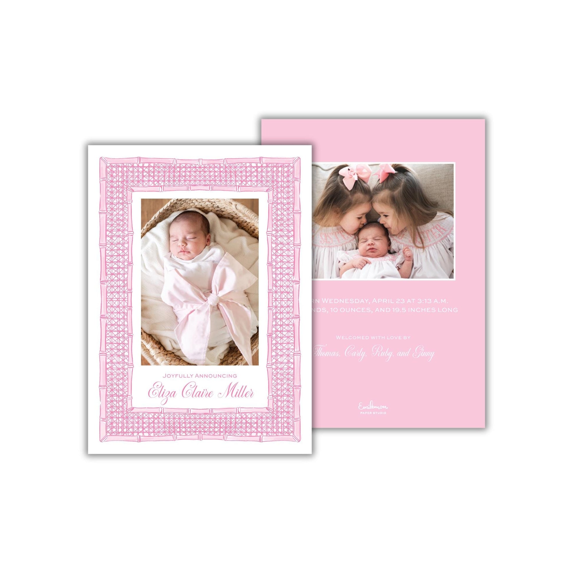 a pink card with a picture of two babies