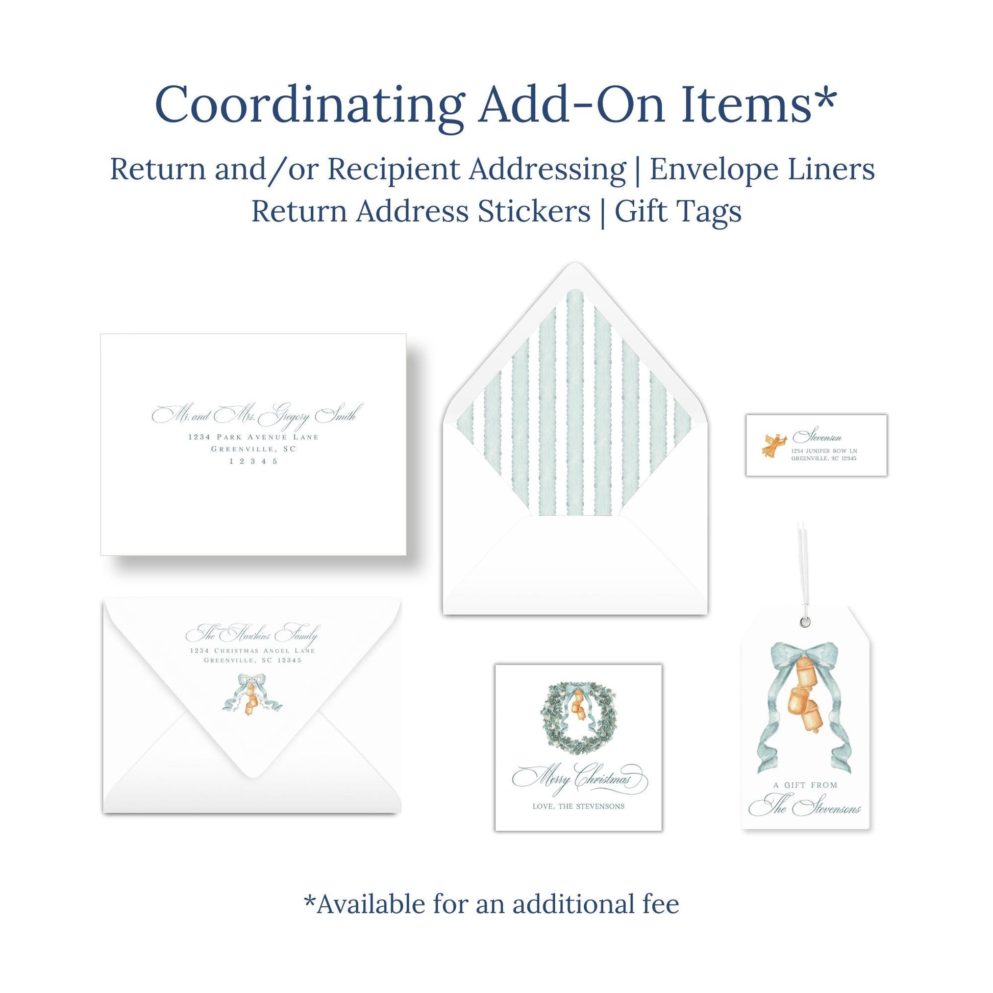 various items related to holiday-themed items, including envelopes, return address stickers, and gift tags.