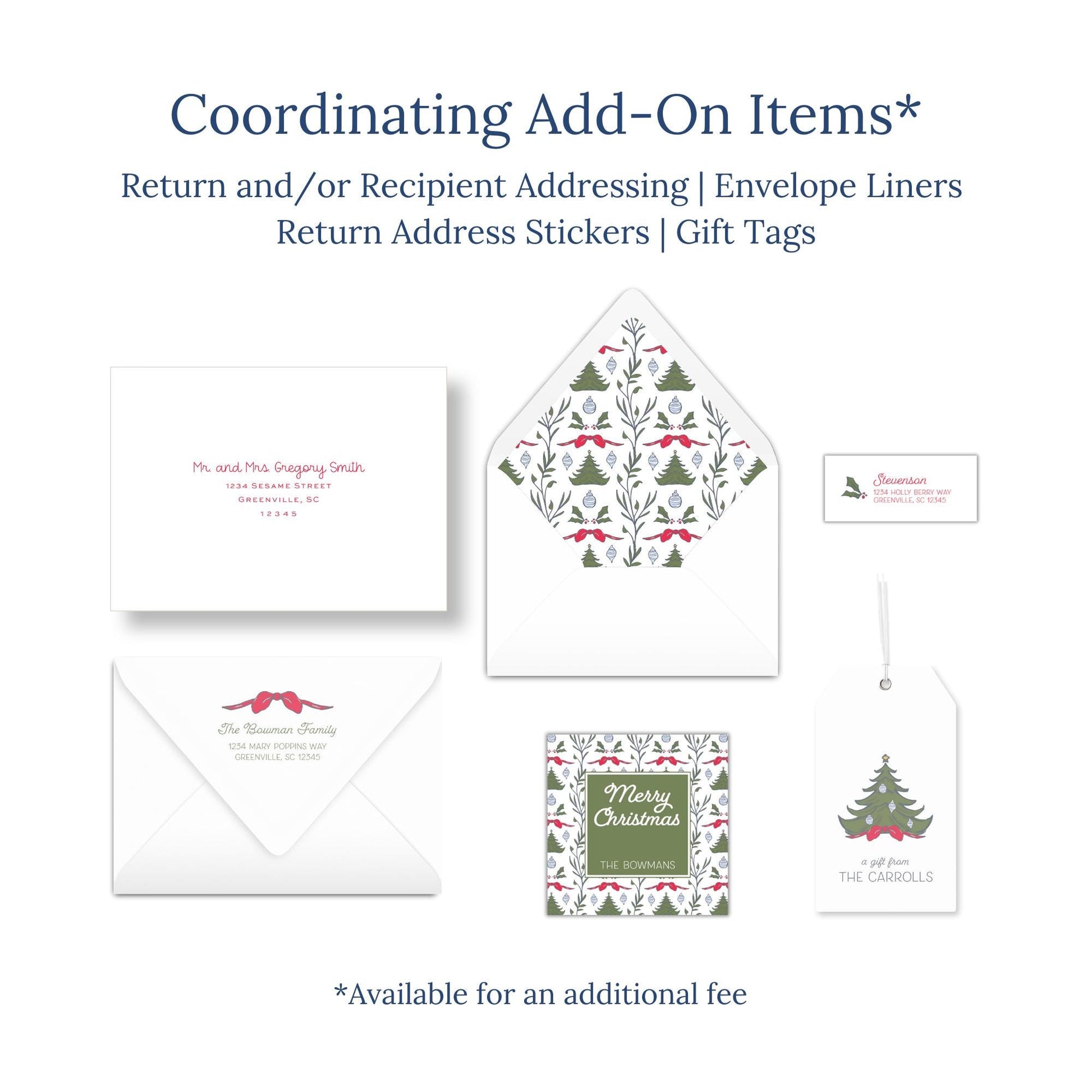 various items related to holiday-themed items, including envelopes, return address stickers, and gift tags.