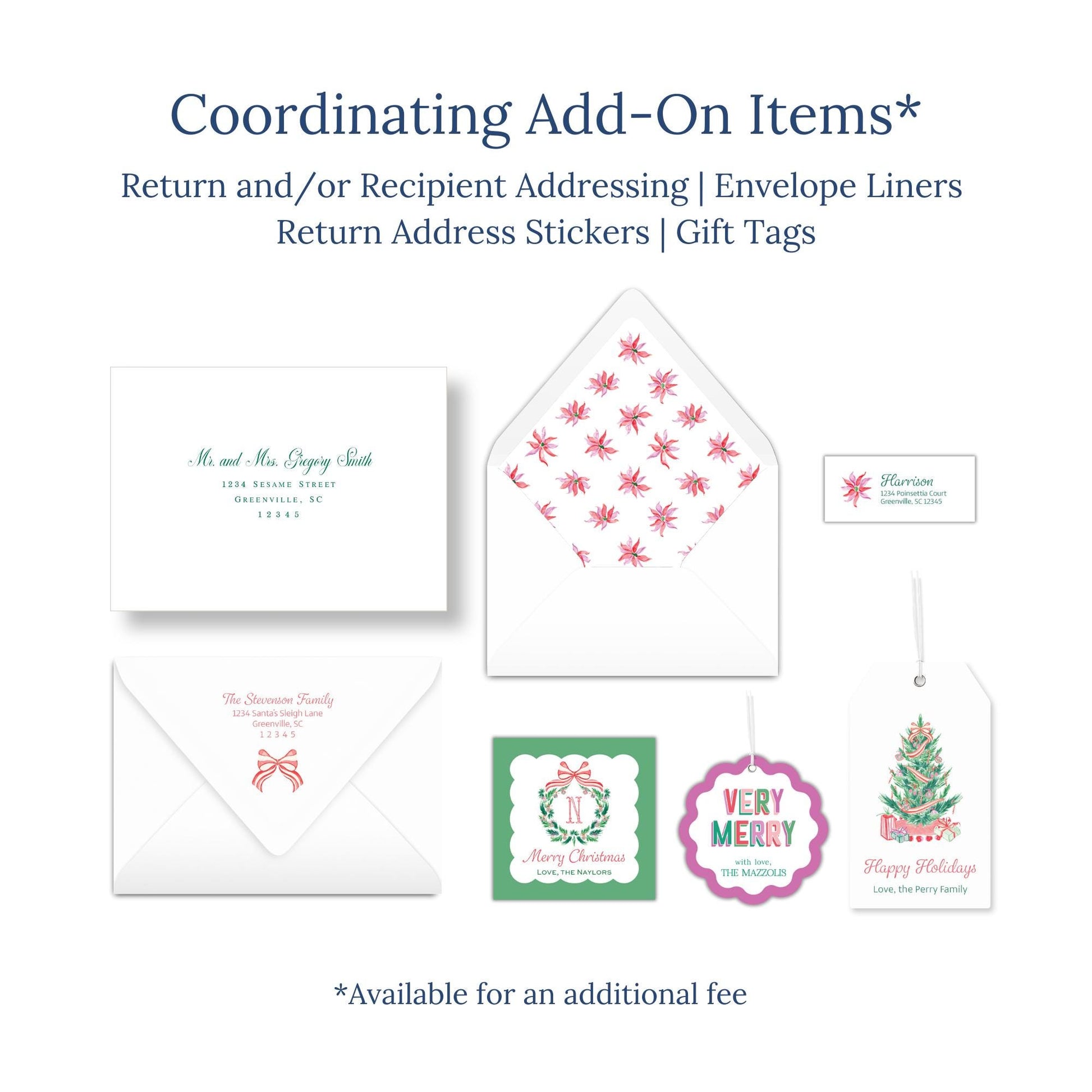 various holiday-themed items, including envelopes, return address stickers, and gift tags, all available for purchase.