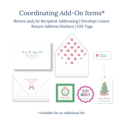 various holiday-themed items, including envelopes, return address stickers, and gift tags, all available for purchase.