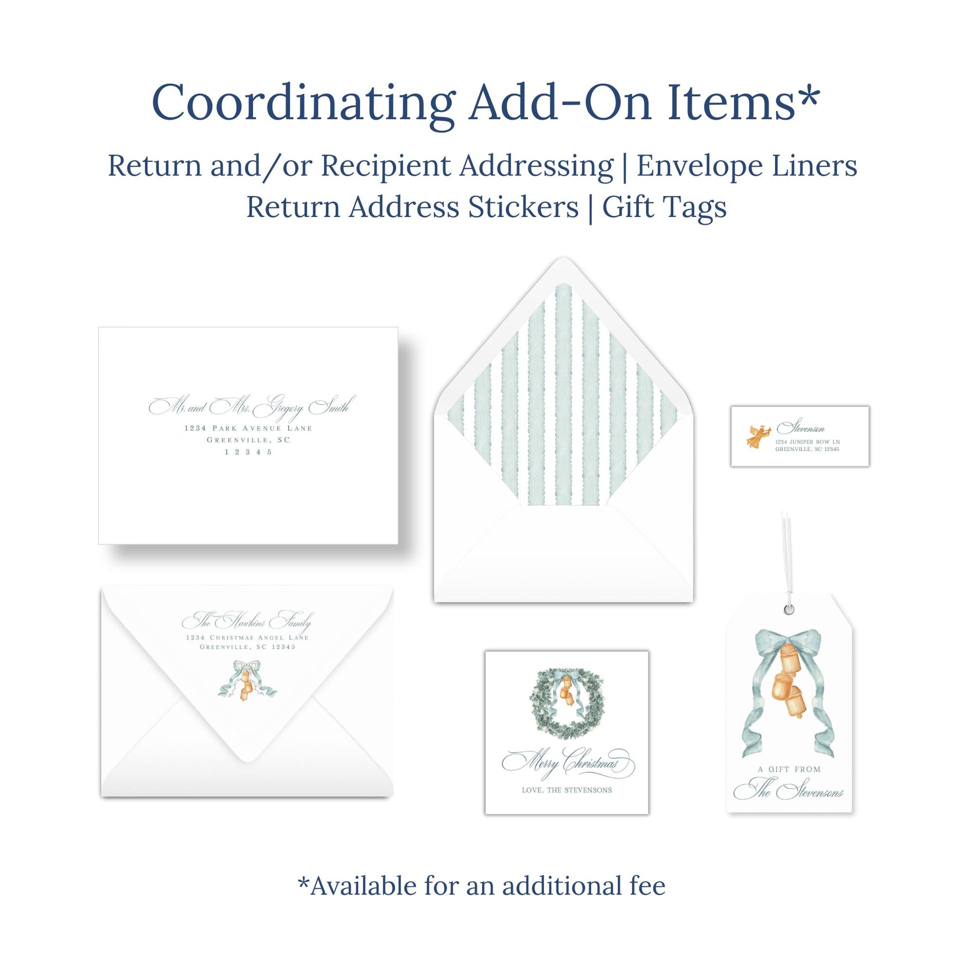 various items related to holiday-themed items, including envelopes, return address stickers, and gift tags.