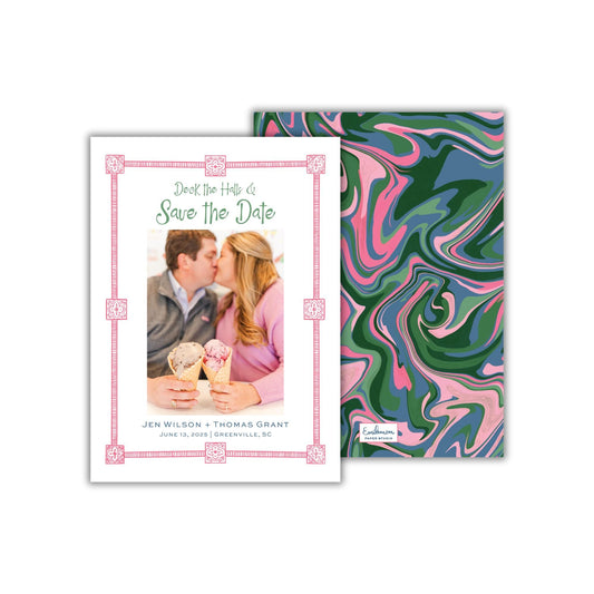 The image is a wedding invitation featuring a couple kissing and holding ice cream cones.