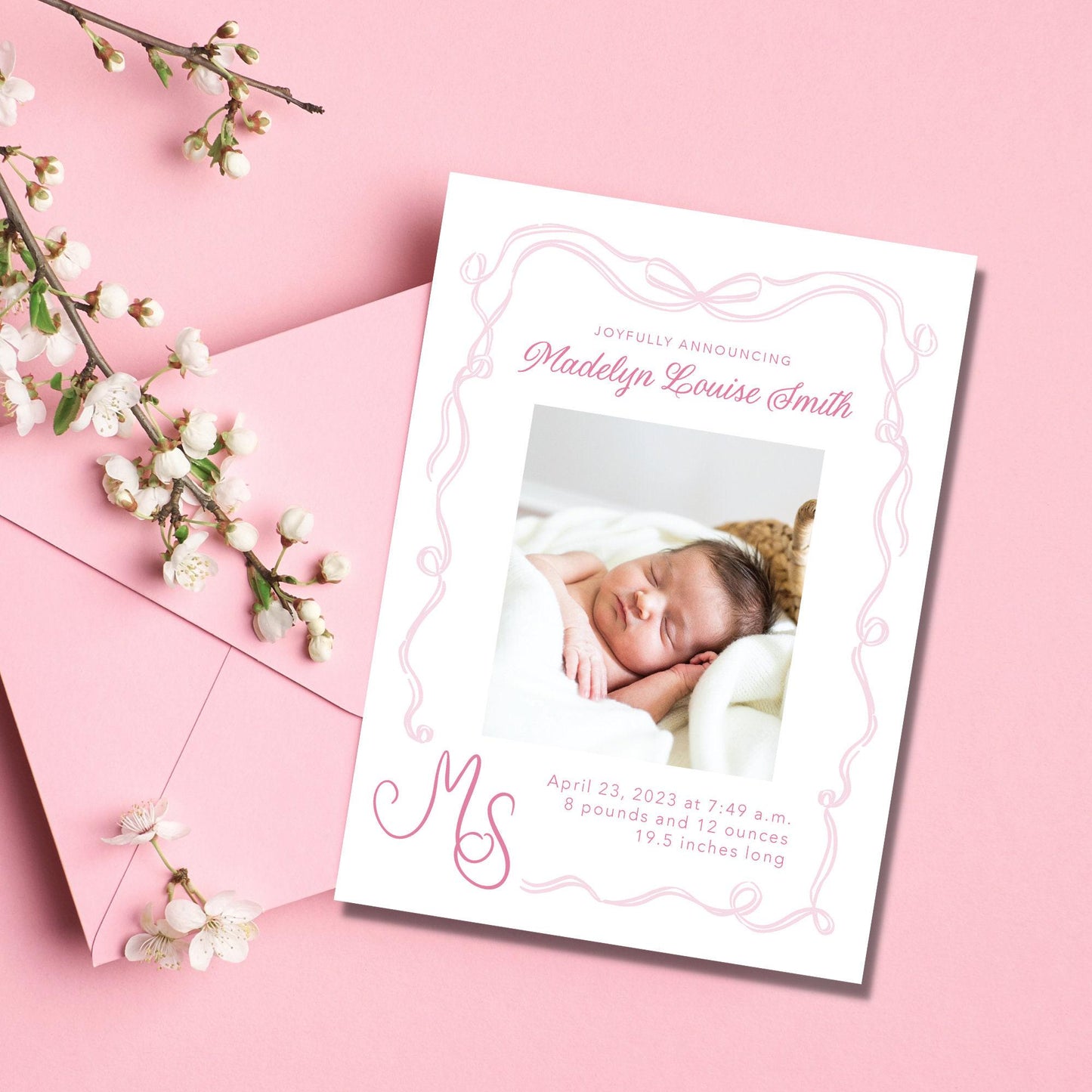 Bow Frame Birth Announcement - Pink