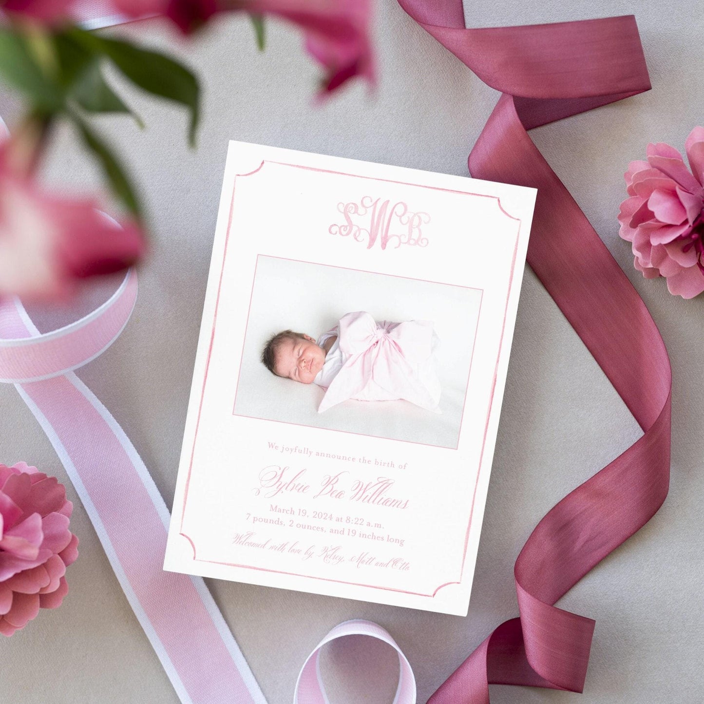 Watercolor Monogram Birth Announcement