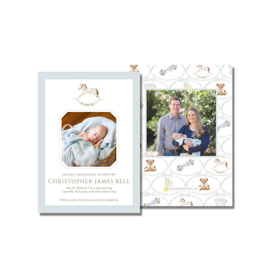 Rocking Horse Birth Announcement - Blue