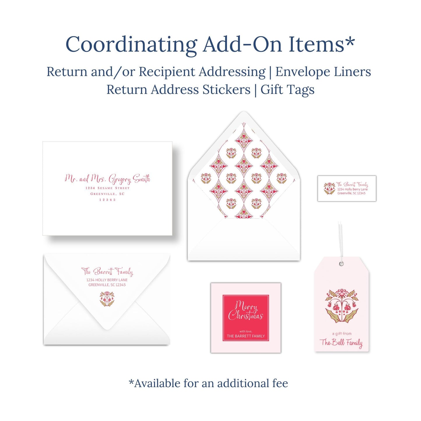 various items related to coordinating add-ons for a wedding or other special events, including envelopes, return address stickers, and gift tags.