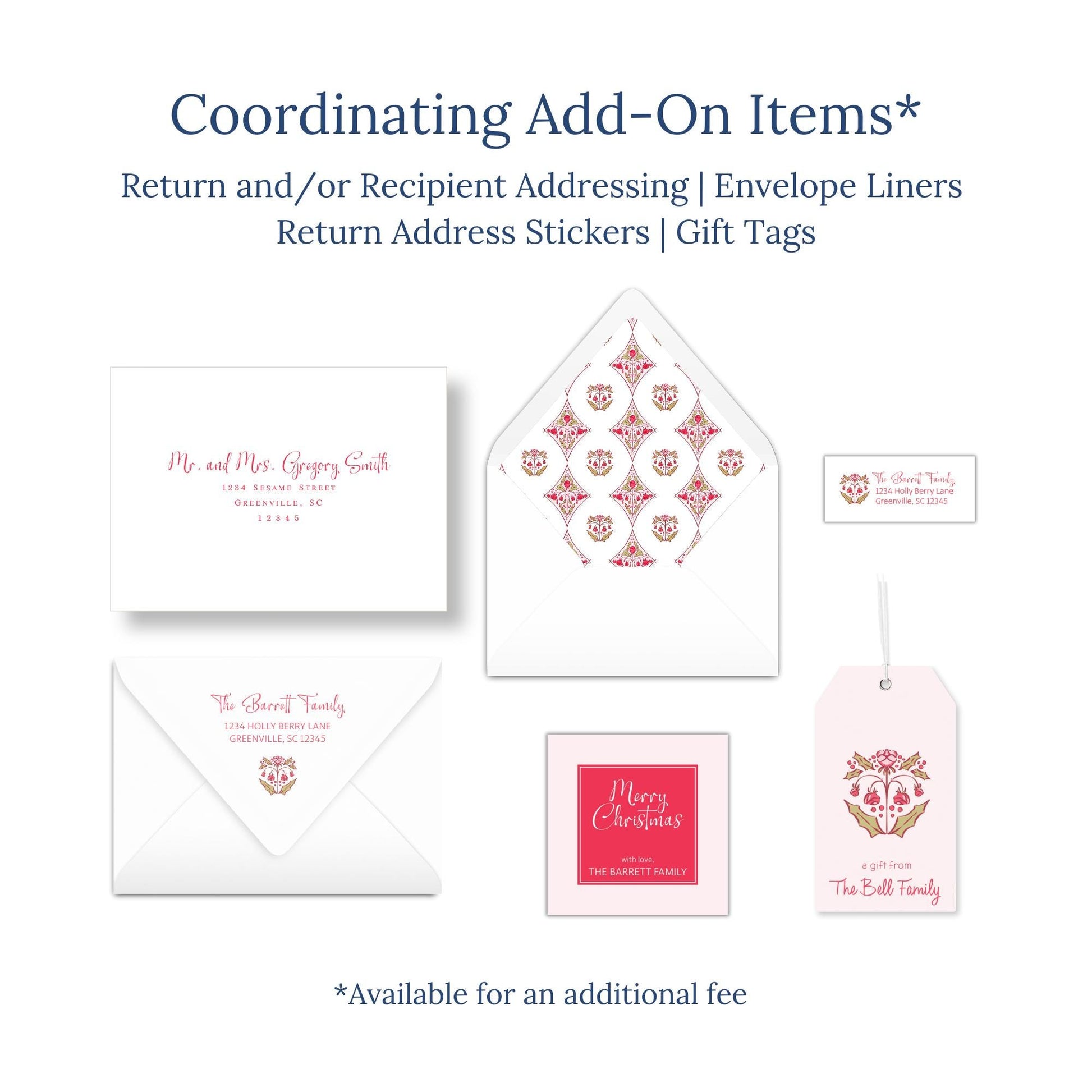 various items related to coordinating add-ons for a wedding or other special events, including envelopes, return address stickers, and gift tags.