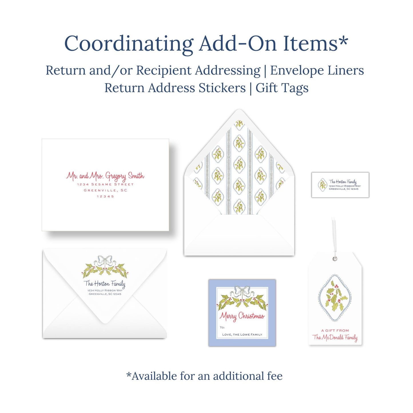 various items related to holiday-themed items, including envelopes, return address stickers, and gift tags.