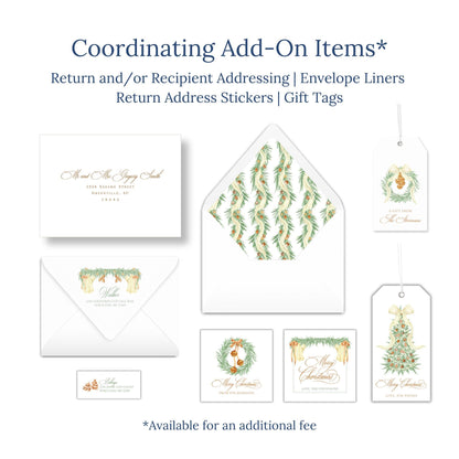 various items related to holiday-themed items, including envelopes, return address stickers, and gift tags.