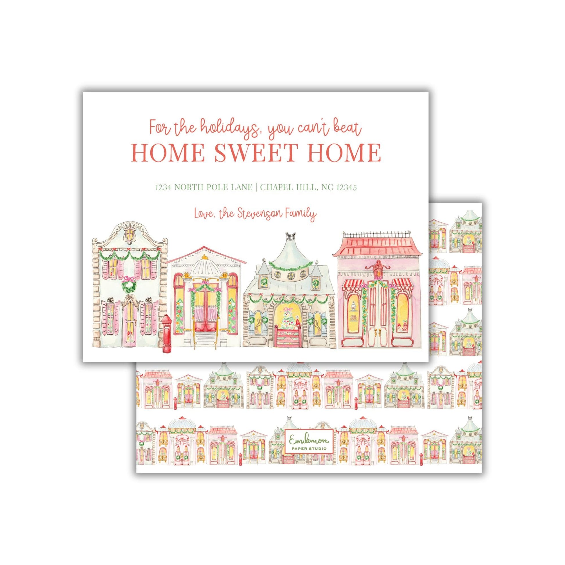 The image is a holiday-themed card featuring a repeating pattern of colorful houses and buildings, along with a message about home sweet home.