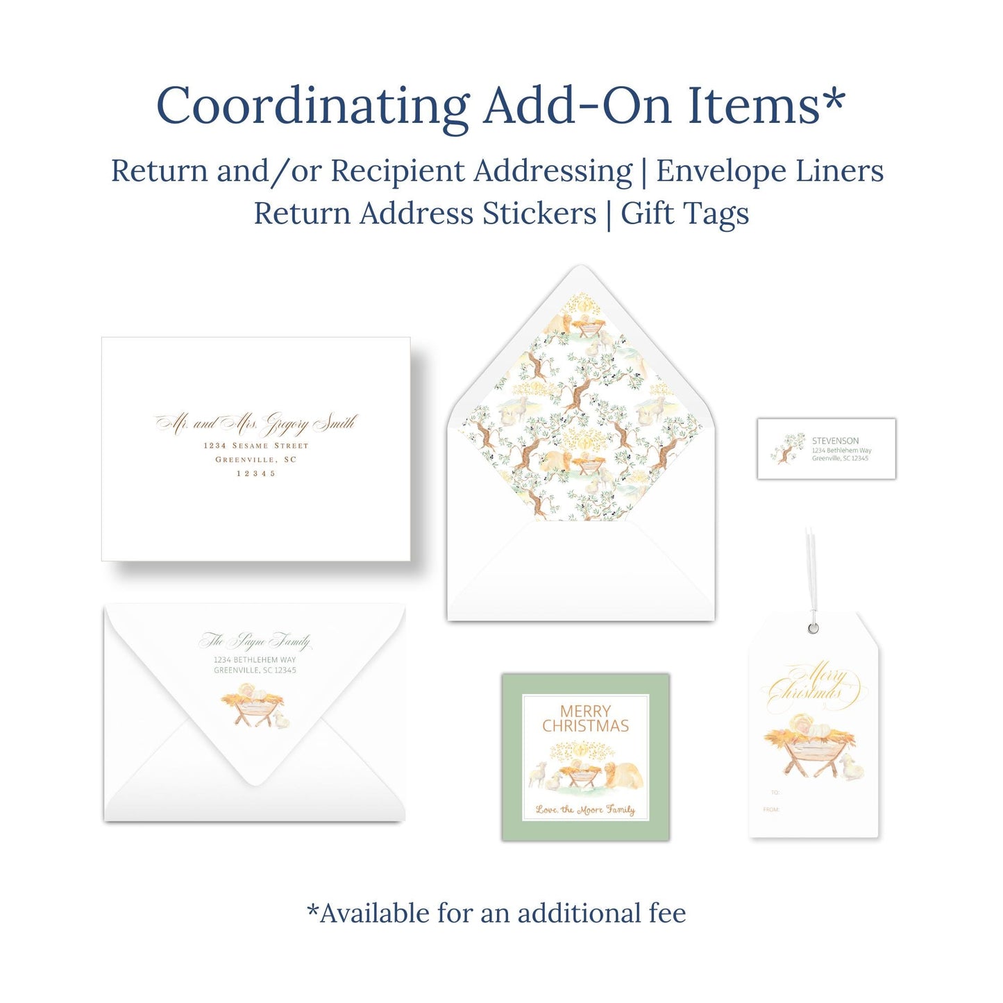 various stationery items, including envelopes, return address stickers, and gift tags, with a focus on coordinating add-on items.