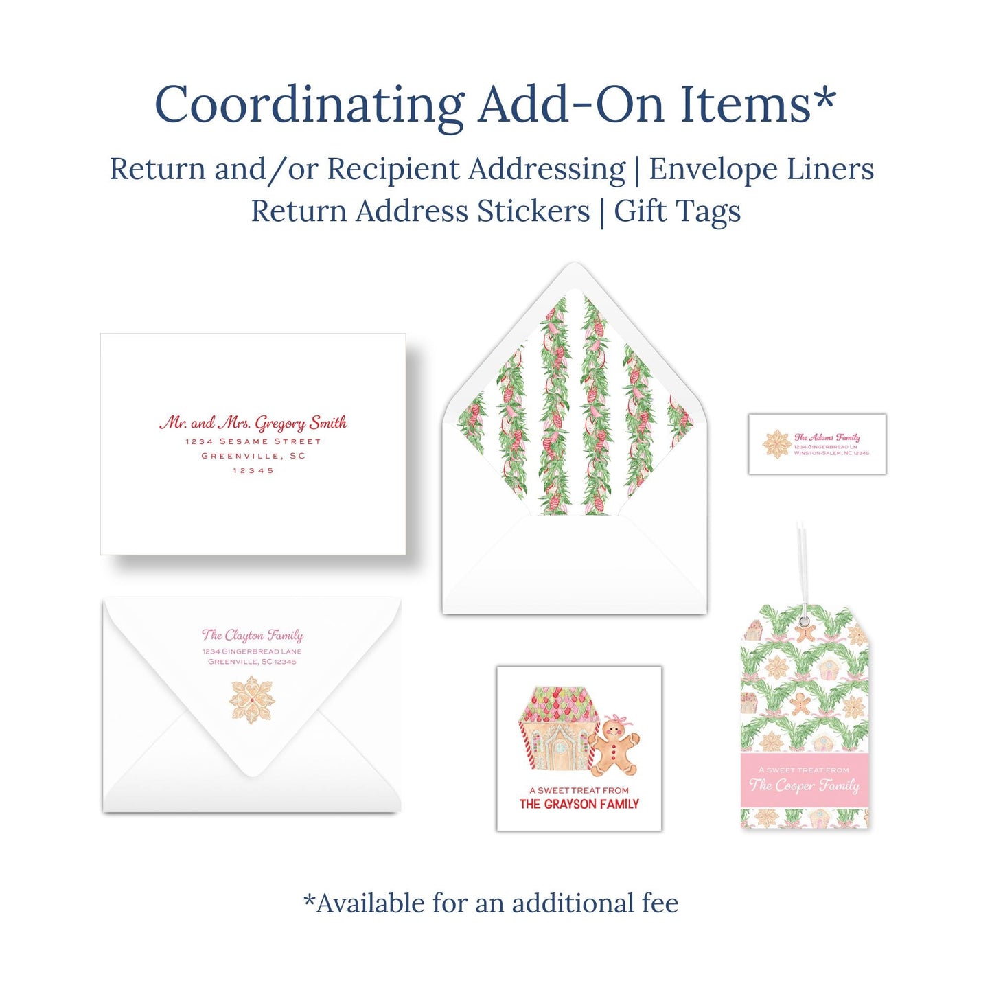 various items related to coordinating add-ons, such as return and/or recipient addressing envelopes, return address stickers, and gift tags.