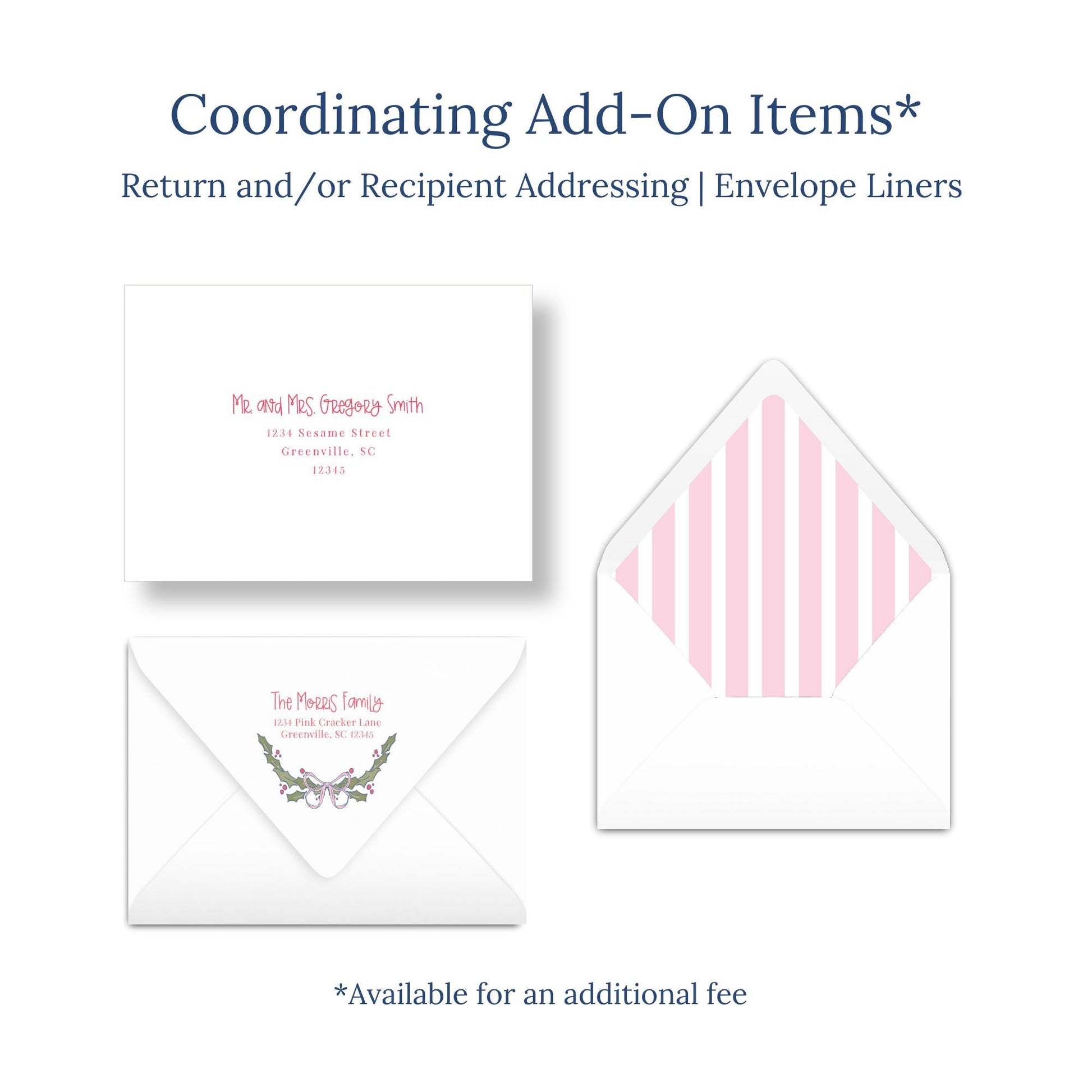 a set of three envelopes, each with different designs and patterns. The text above the envelopes reads &quot;Coordinating Add-On Items* Return and/or Recipient Addressing * Envelope Liners&quot;.