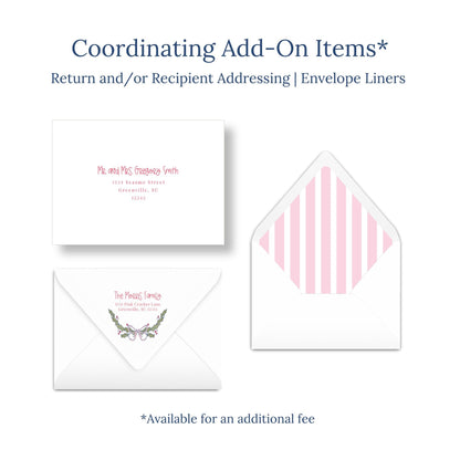 a set of three envelopes, each with different designs and patterns. The text above the envelopes reads "Coordinating Add-On Items* Return and/or Recipient Addressing * Envelope Liners".