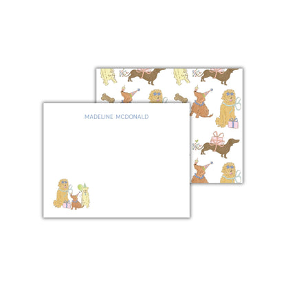 a white square with a nameplate and a repeating pattern of cartoon dogs wearing party hats.