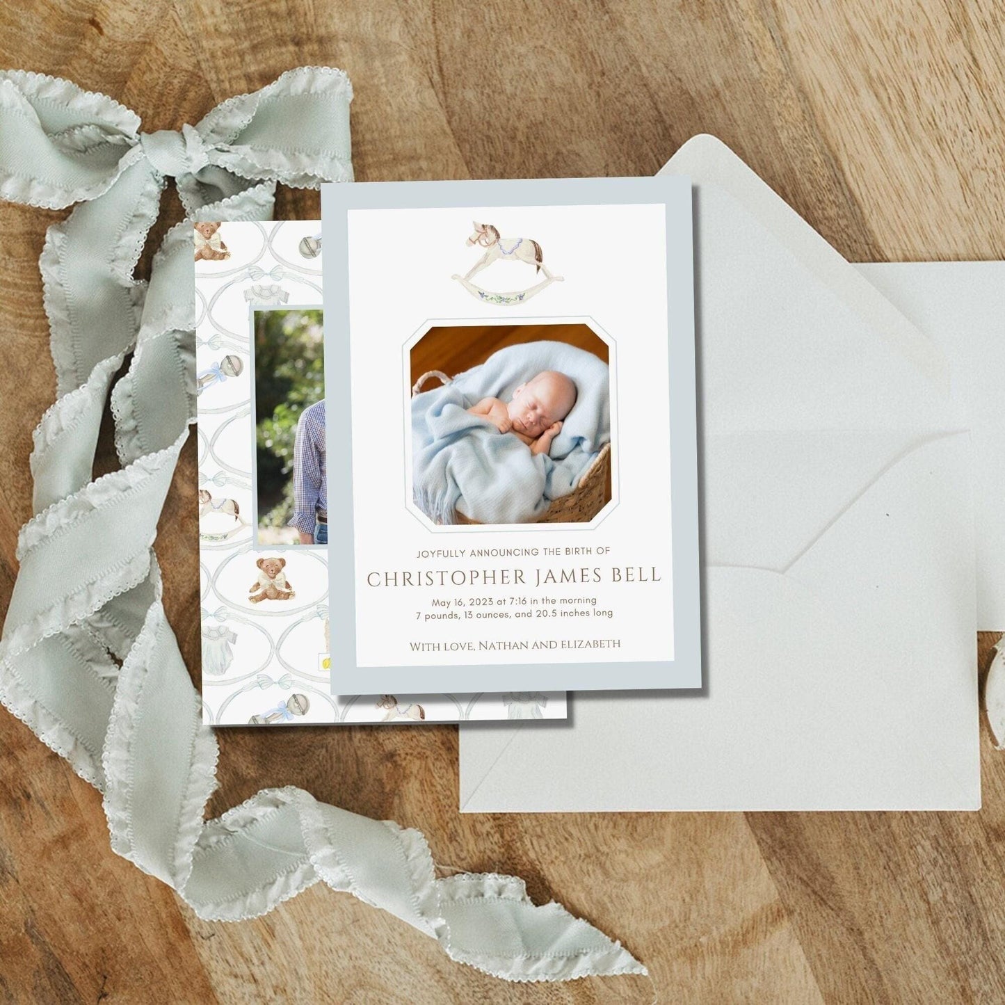 Rocking Horse Birth Announcement - Blue