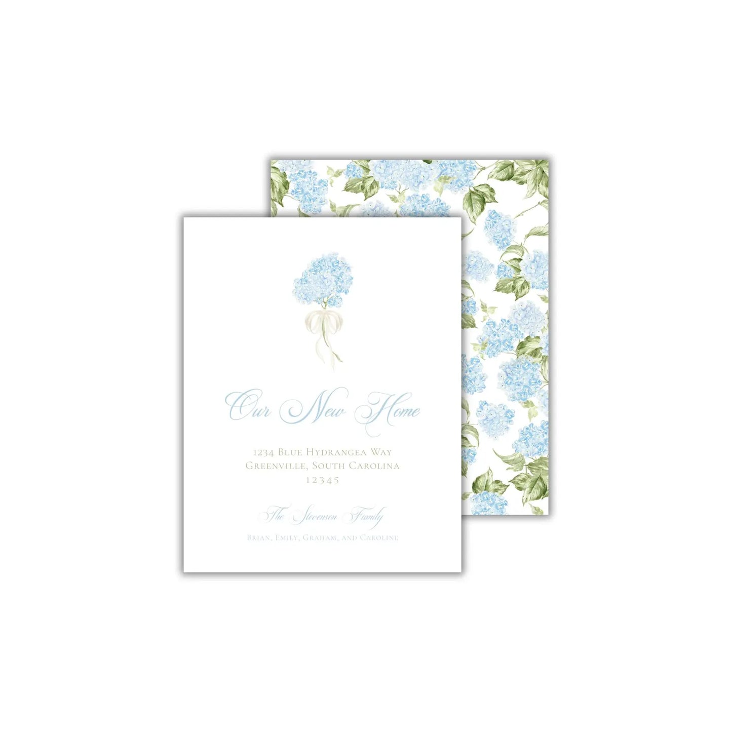 a wedding card with blue flowers on it