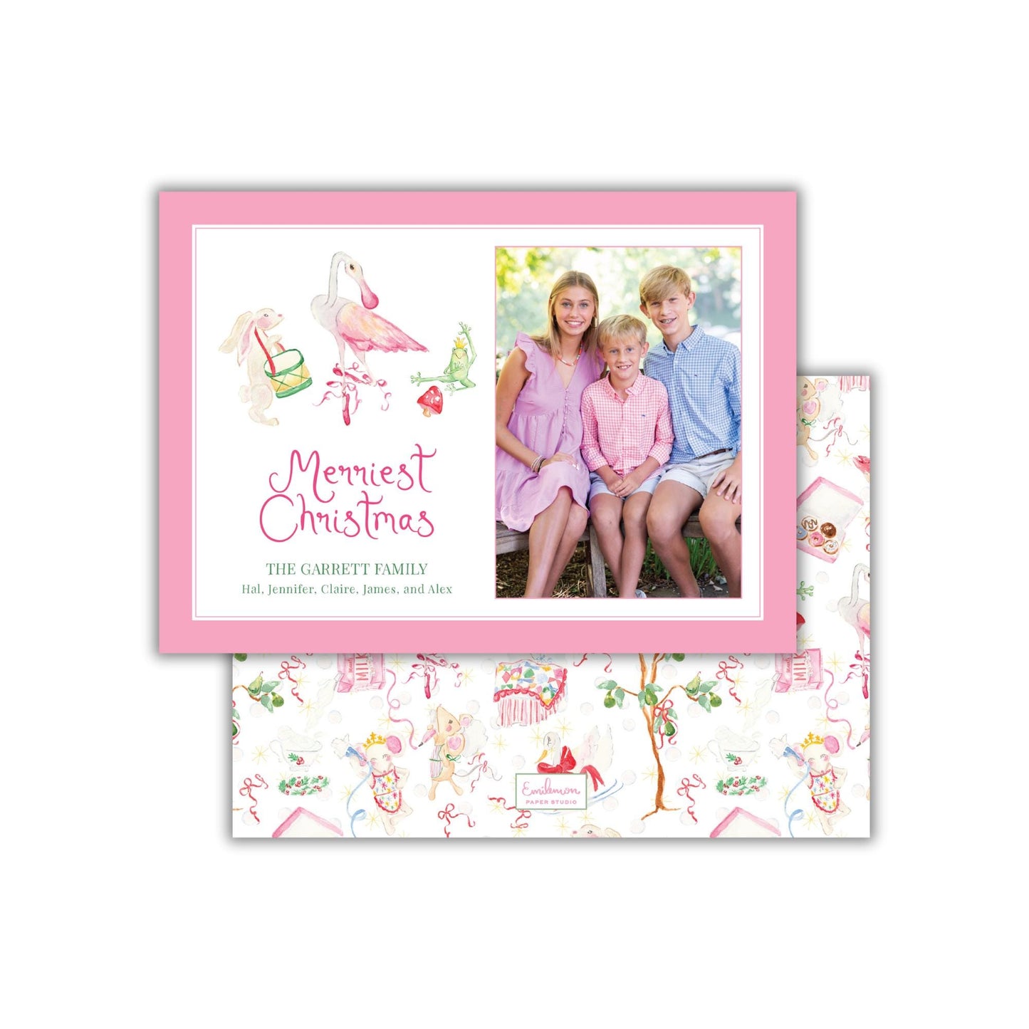 The image is a pink Christmas card featuring a family photo and a decorative pattern.