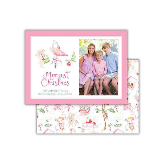 The image is a pink Christmas card featuring a family photo and a decorative pattern.