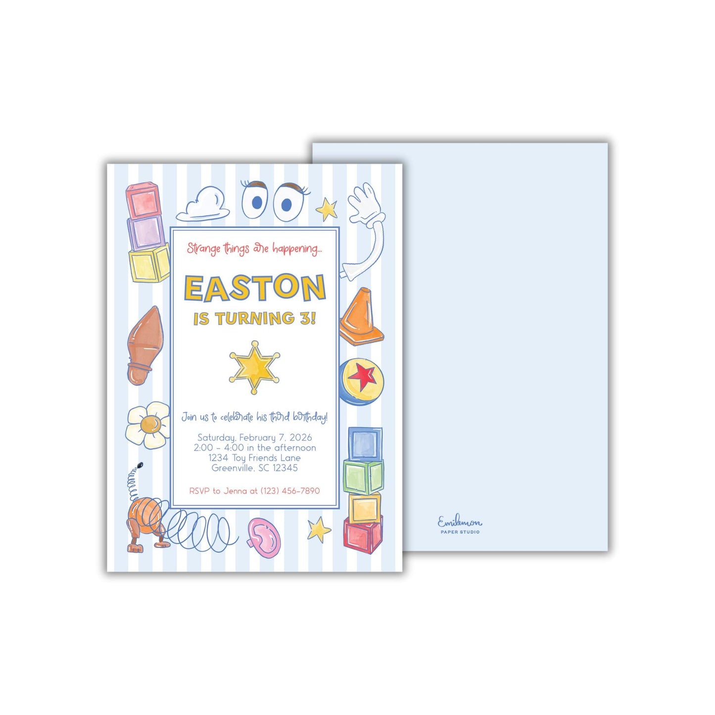 The image is a birthday invitation for a child named Easton, who is turning three years old. The invitation features colorful illustrations of various toys and objects, such as a toy car, a toy train, and a toy castle, along with the text "Easton is turning 3" and "Join us to celebrate his 3rd birthday".