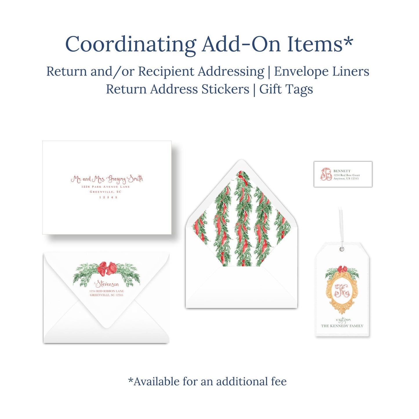 various items related to coordinating add-ons for a wedding or event, including an envelope, return address stickers, and gift tags.