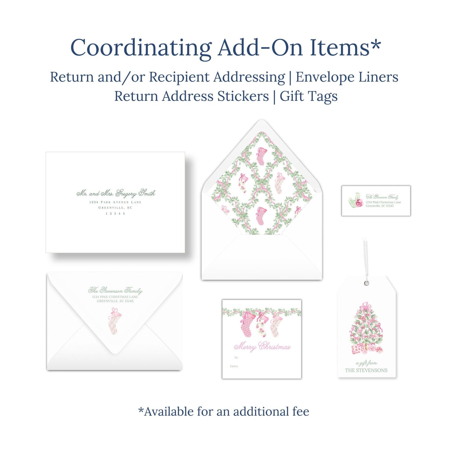 various items related to coordinating add-ons, such as return and/or recipient addressing envelopes, return address stickers, and gift tags.