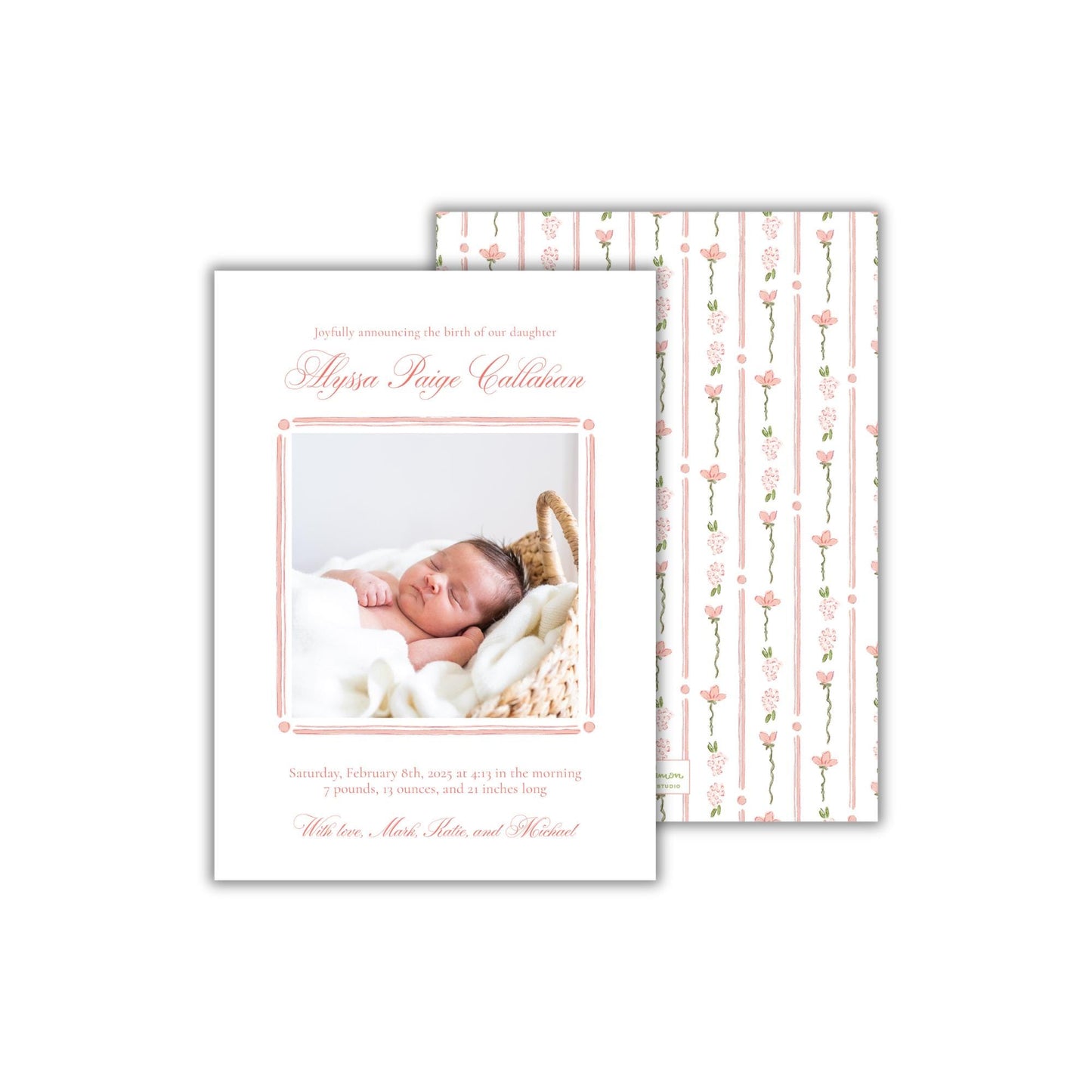 a birth card with a photo of a baby in a basket