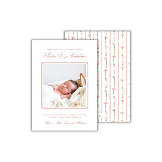 a birth card with a photo of a baby in a basket