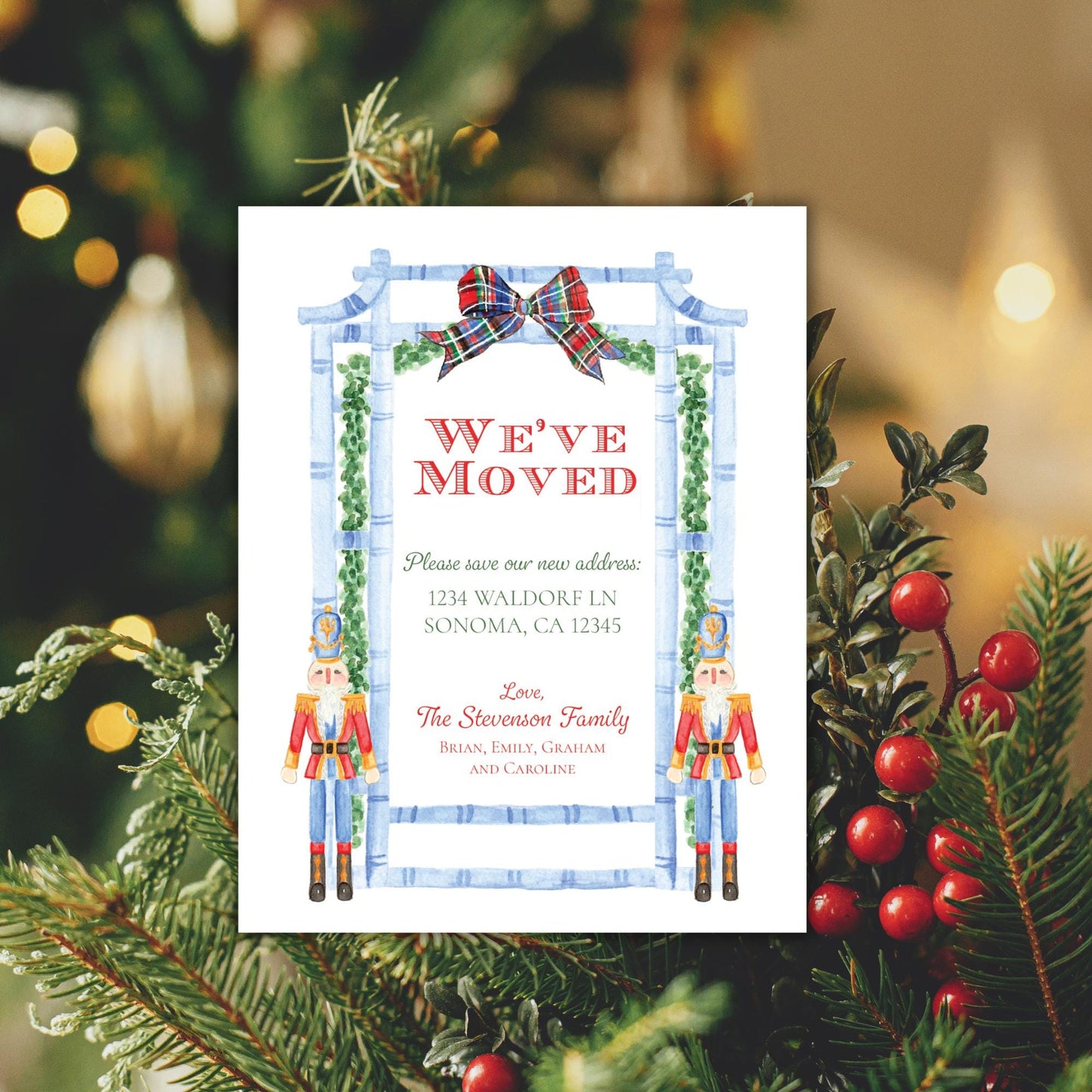 The image is a Christmas-themed invitation card with a nutcracker and berries as decorative elements.