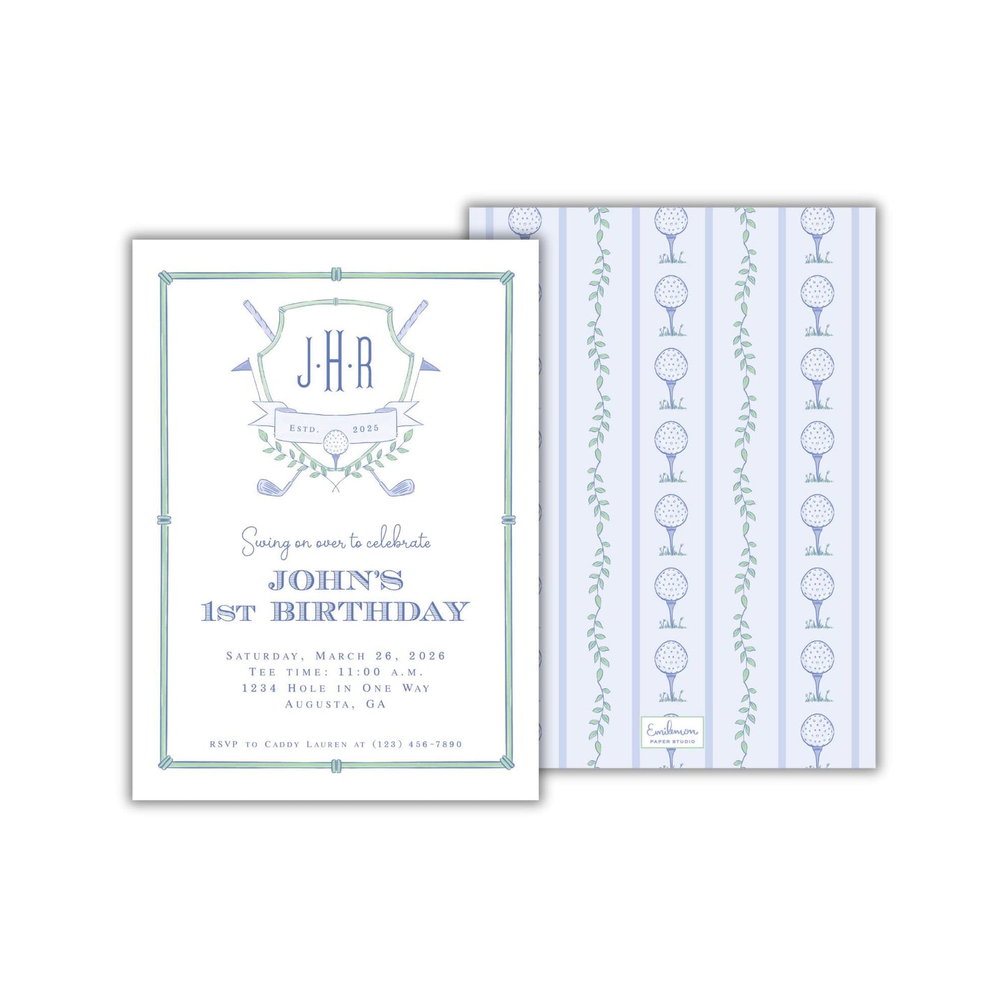A birthday invitation for John's 1st birthday party, featuring a blue and white color scheme with a golf theme.