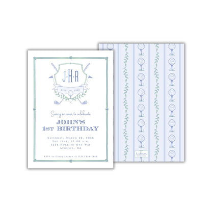 A birthday invitation for John's 1st birthday party, featuring a blue and white color scheme with a golf theme.