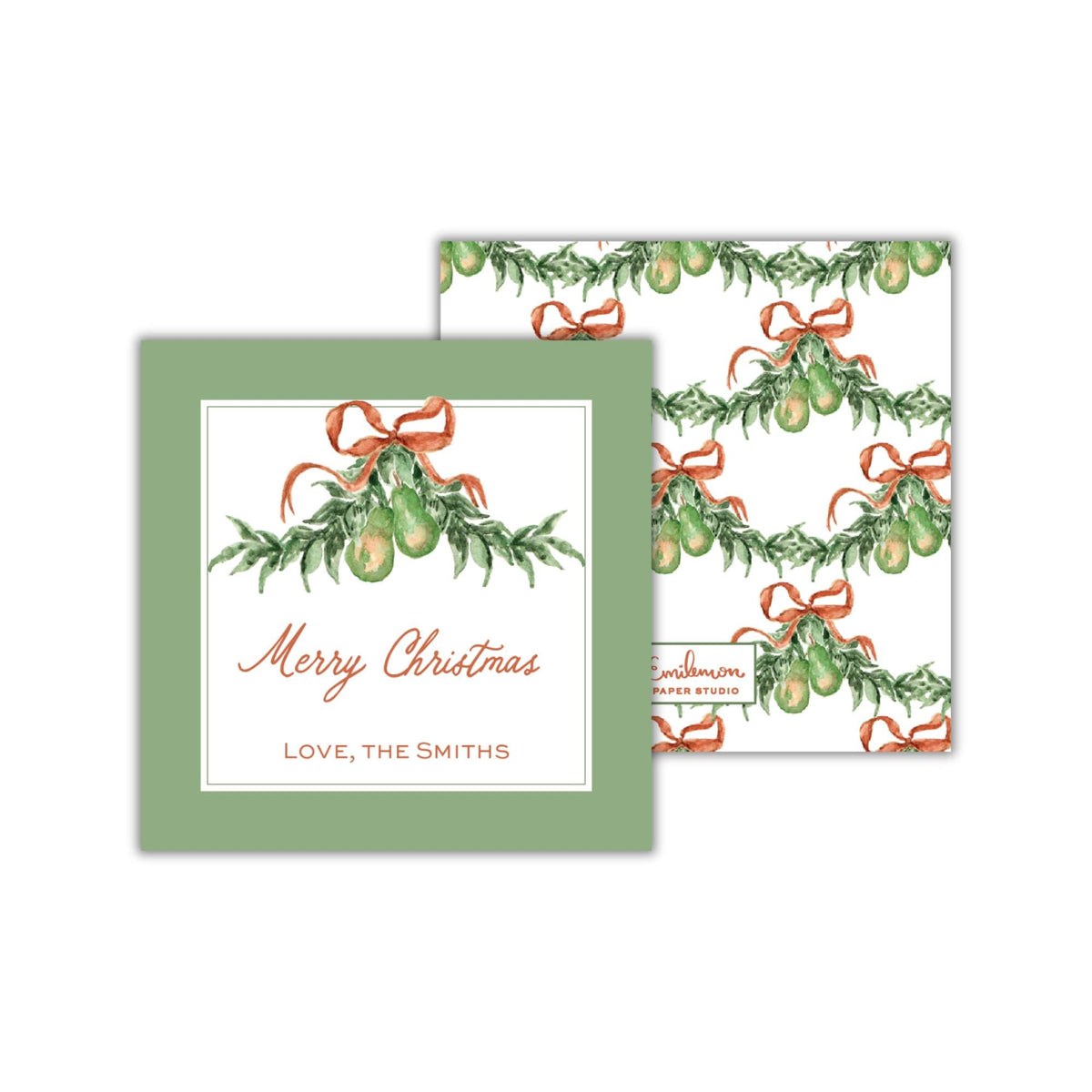 a green square with a white border, featuring a repeating pattern of Christmas ornaments and a red ribbon. The text "Merry Christmas" is written in a cursive font, and below it, "Love, the Smiths" is written in a smaller font.