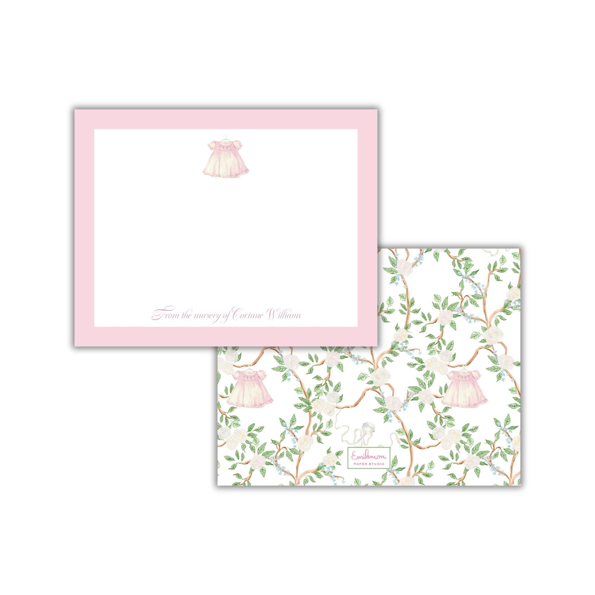 two pieces of paper with a pink frame and a floral pattern. The paper on the left has a blank space for writing a message, while the paper on the right has a pattern of leaves and flowers.