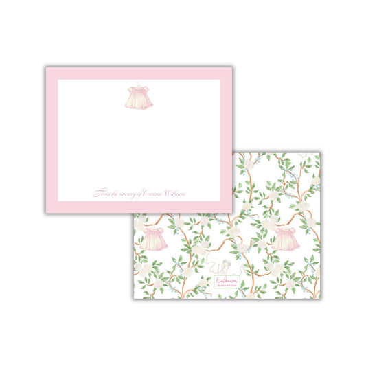 two pieces of paper with a pink frame and a floral pattern. The paper on the left has a blank space for writing a message, while the paper on the right has a pattern of leaves and flowers.