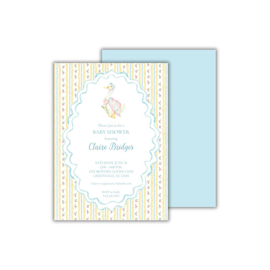 a blue and yellow baby shower card with an elephant on it