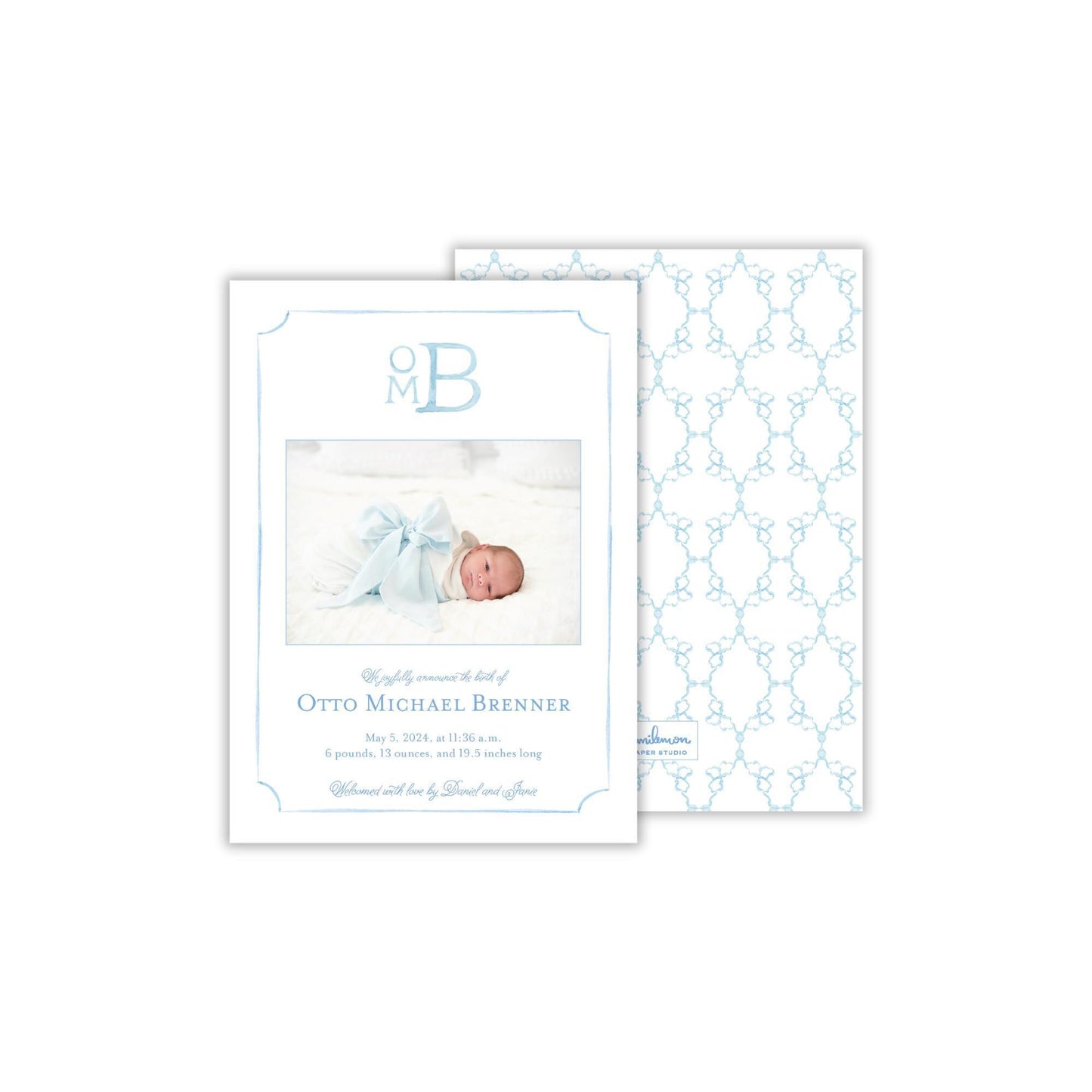 Watercolor Monogram Birth Announcement - Blue