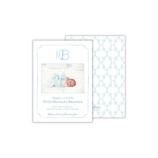 Watercolor Monogram Birth Announcement - Blue