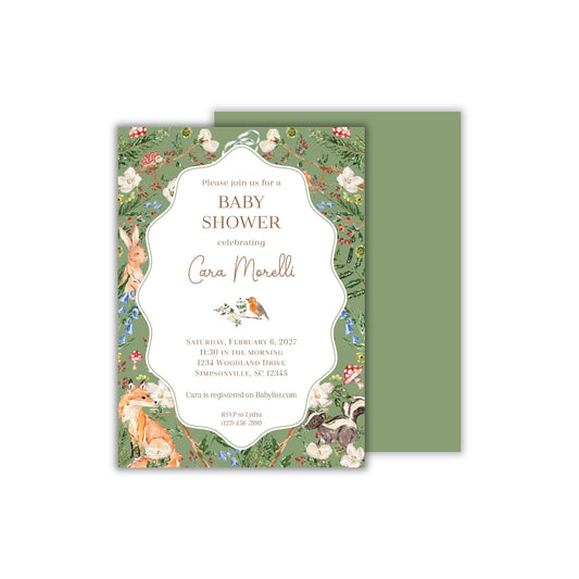 A 5 x 7 rectangular baby shower invitation, with a green background overlaid with hand-painted watercolor artwork of woodland animals and greenery. A wavy oval in the center features relevant baby shower text. The back of the invitation is a solid soft green to match the front.
