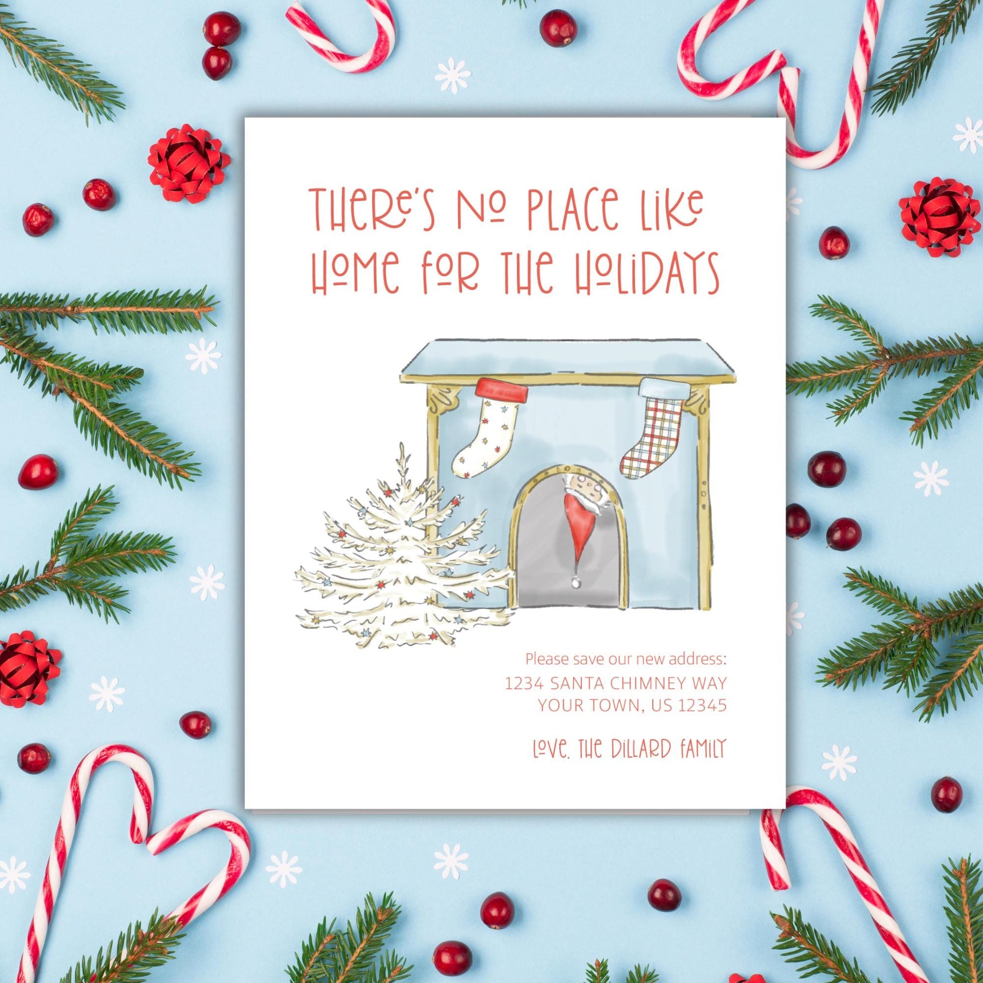 The image is a holiday-themed invitation card with a Christmas tree, stockings, and candy canes arranged around it.