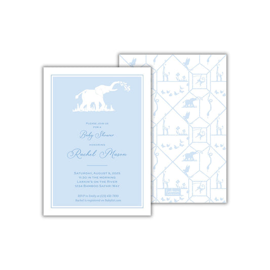 a blue and white wedding card with an elephant on it
