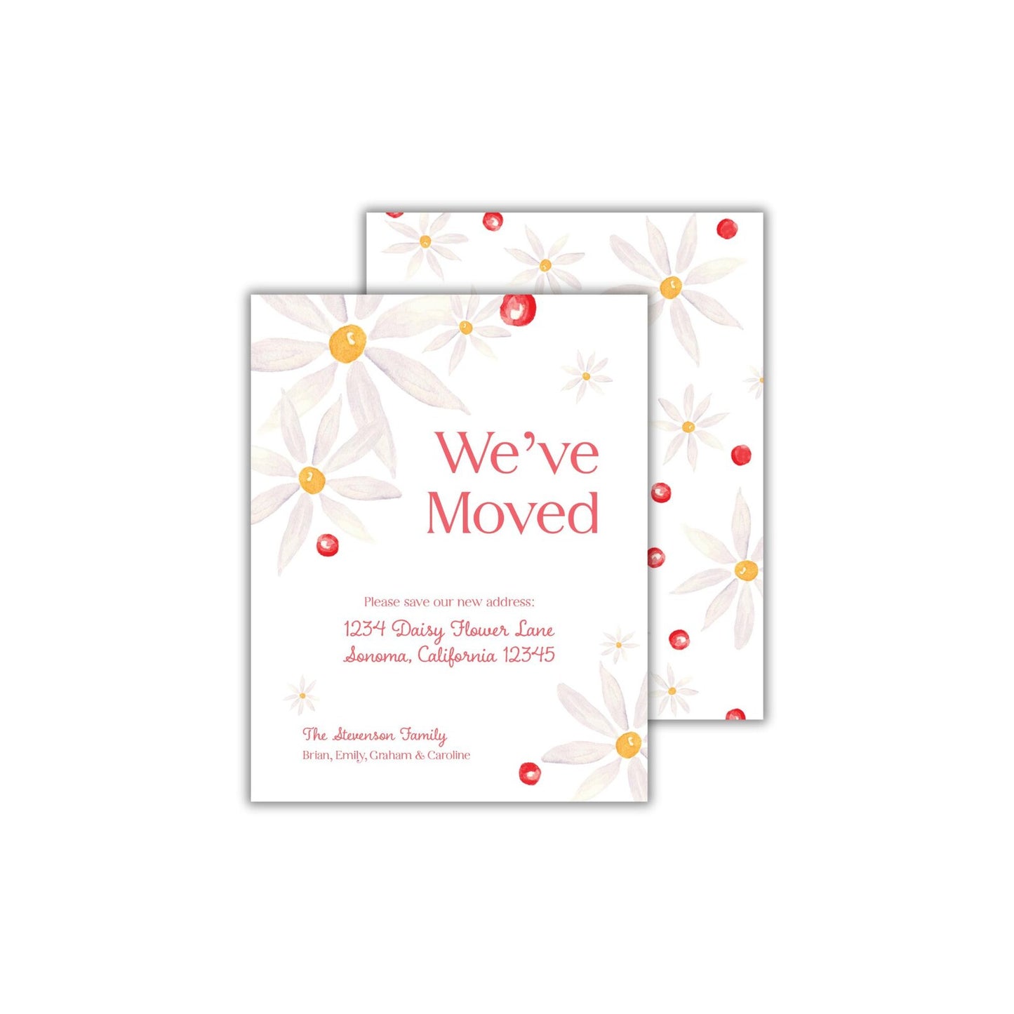 two red and white flowers on a white background with the words we've moved