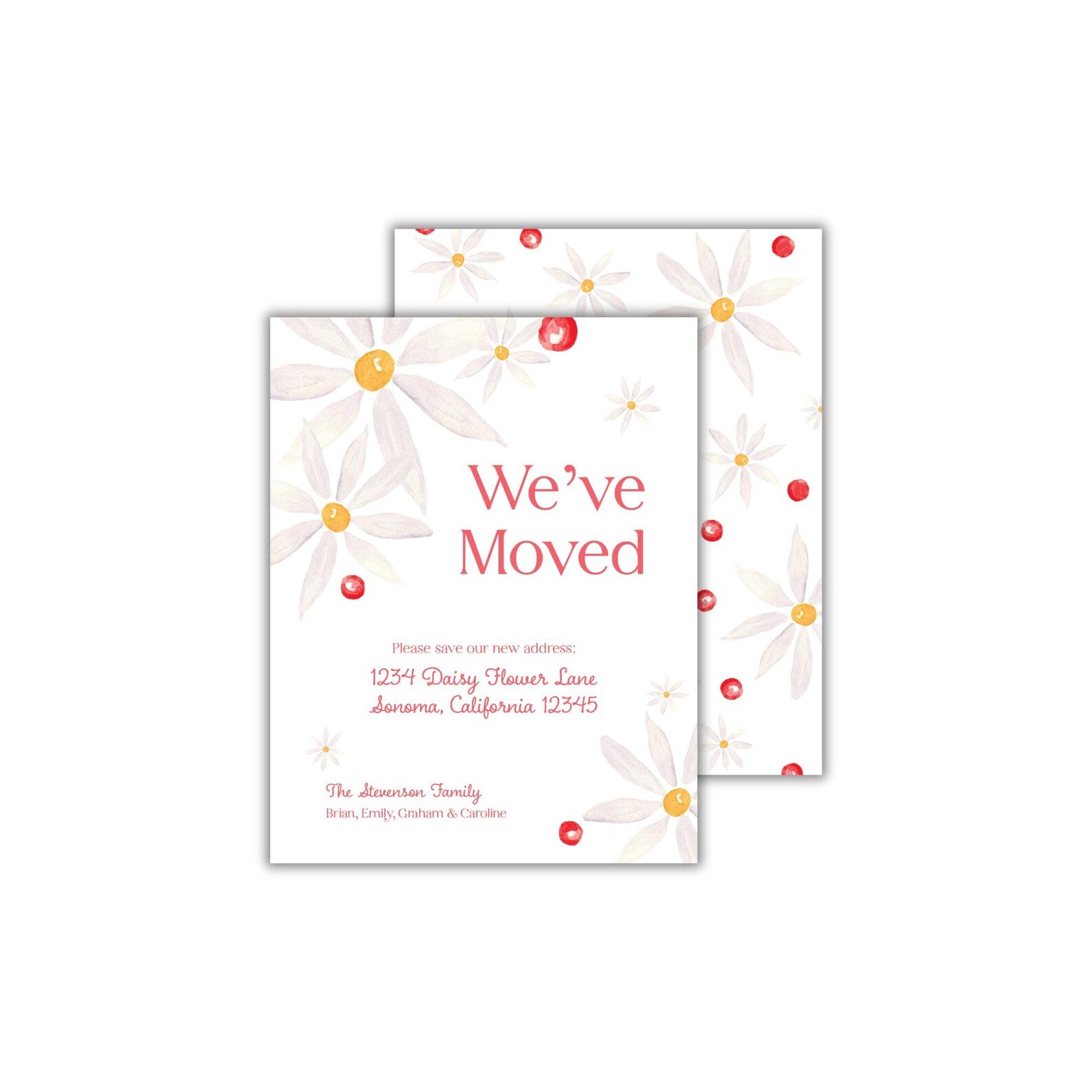 two red and white flowers on a white background with the words we've moved