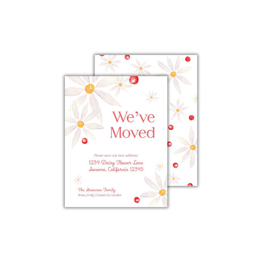 two red and white flowers on a white background with the words we've moved