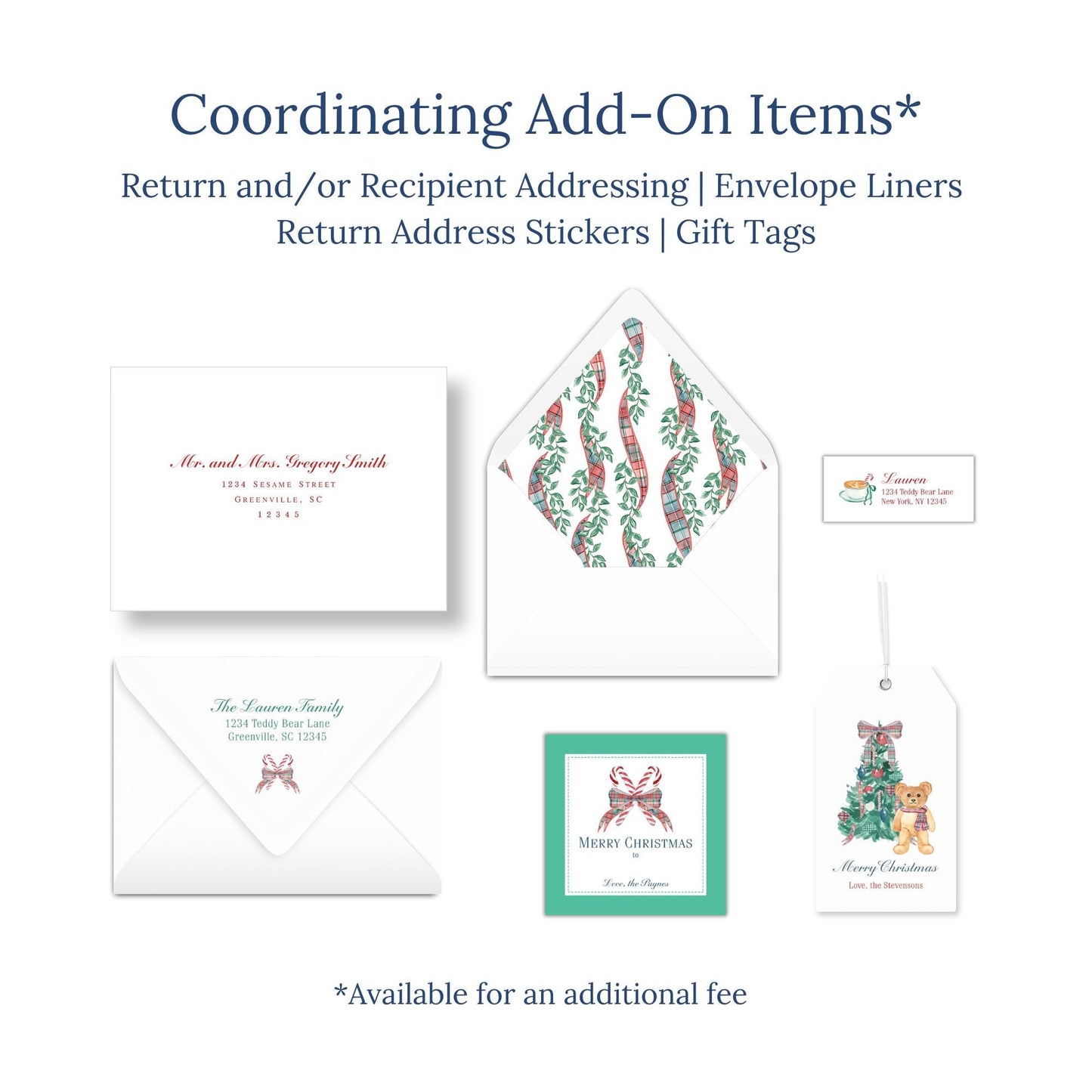 various items related to holiday-themed items, including envelopes, return address stickers, and gift tags.