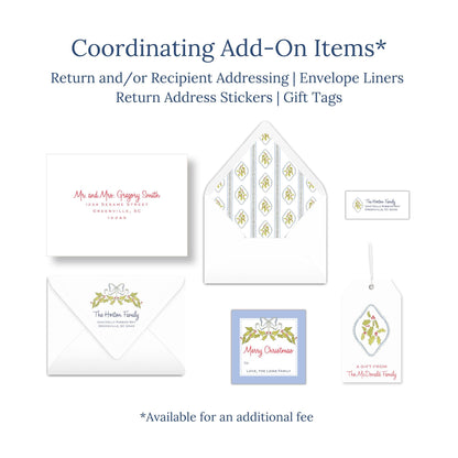 various items related to holiday-themed items, including envelopes, return address stickers, and gift tags.