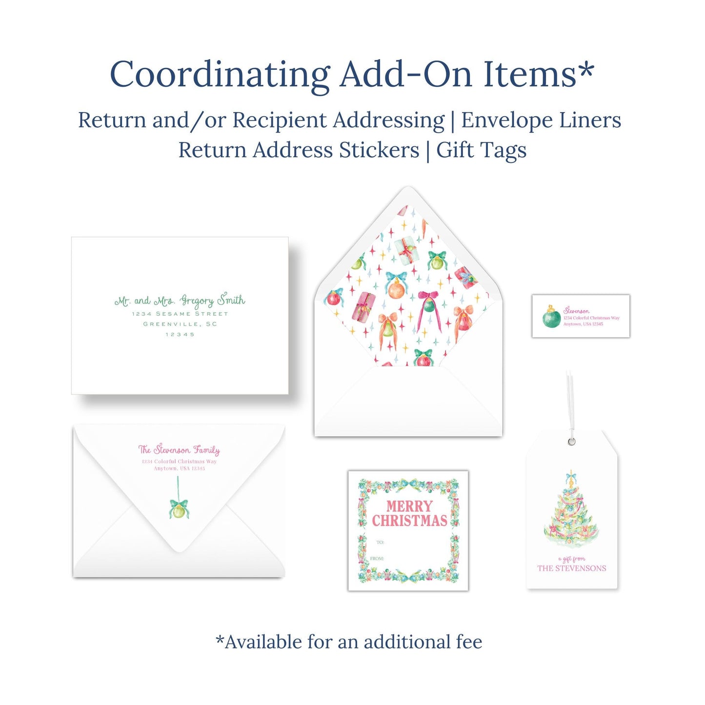 various items related to holiday and gift-giving, including envelopes, return address stickers, and gift tags.
