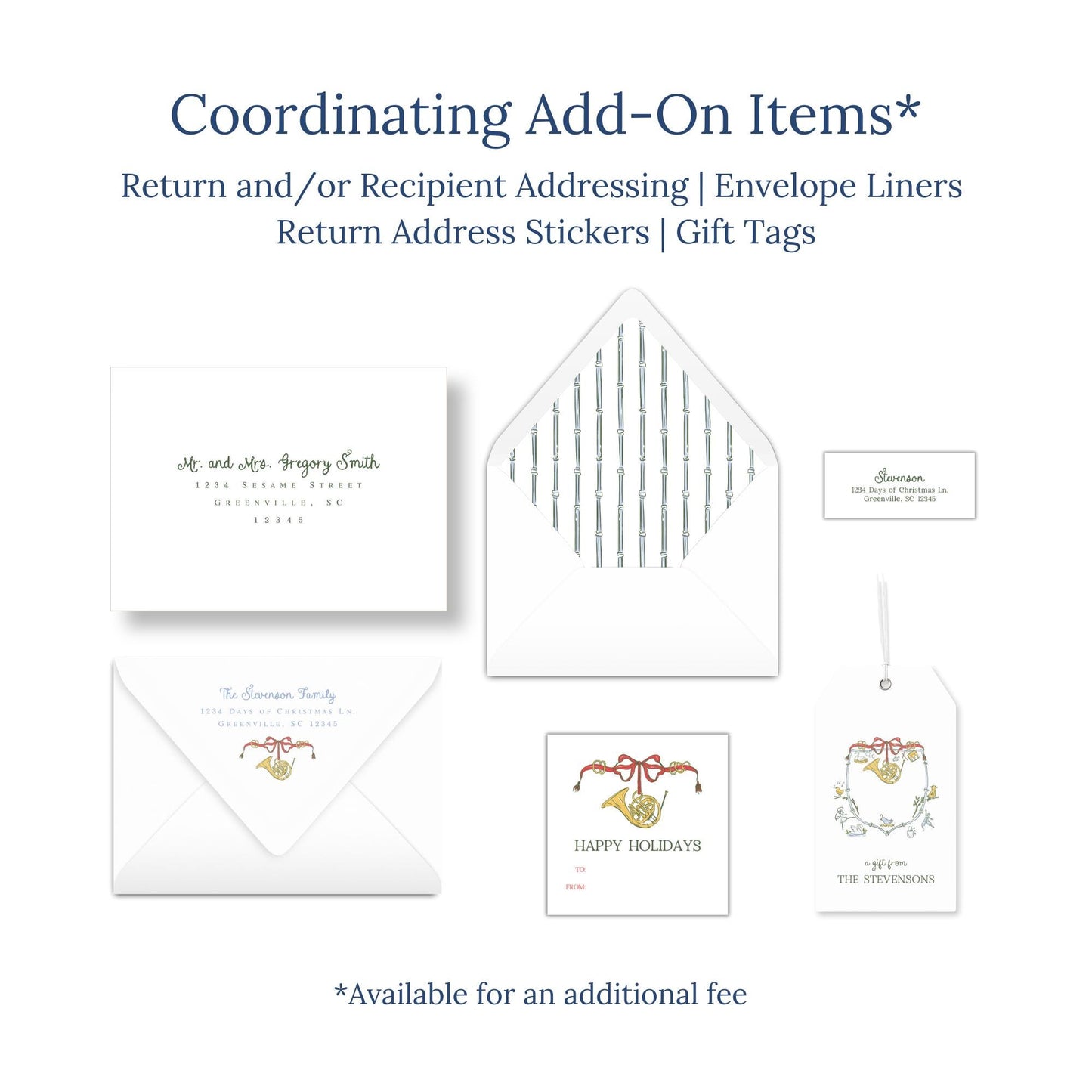 various items related to holiday-themed items, including envelopes, return address stickers, and gift tags.