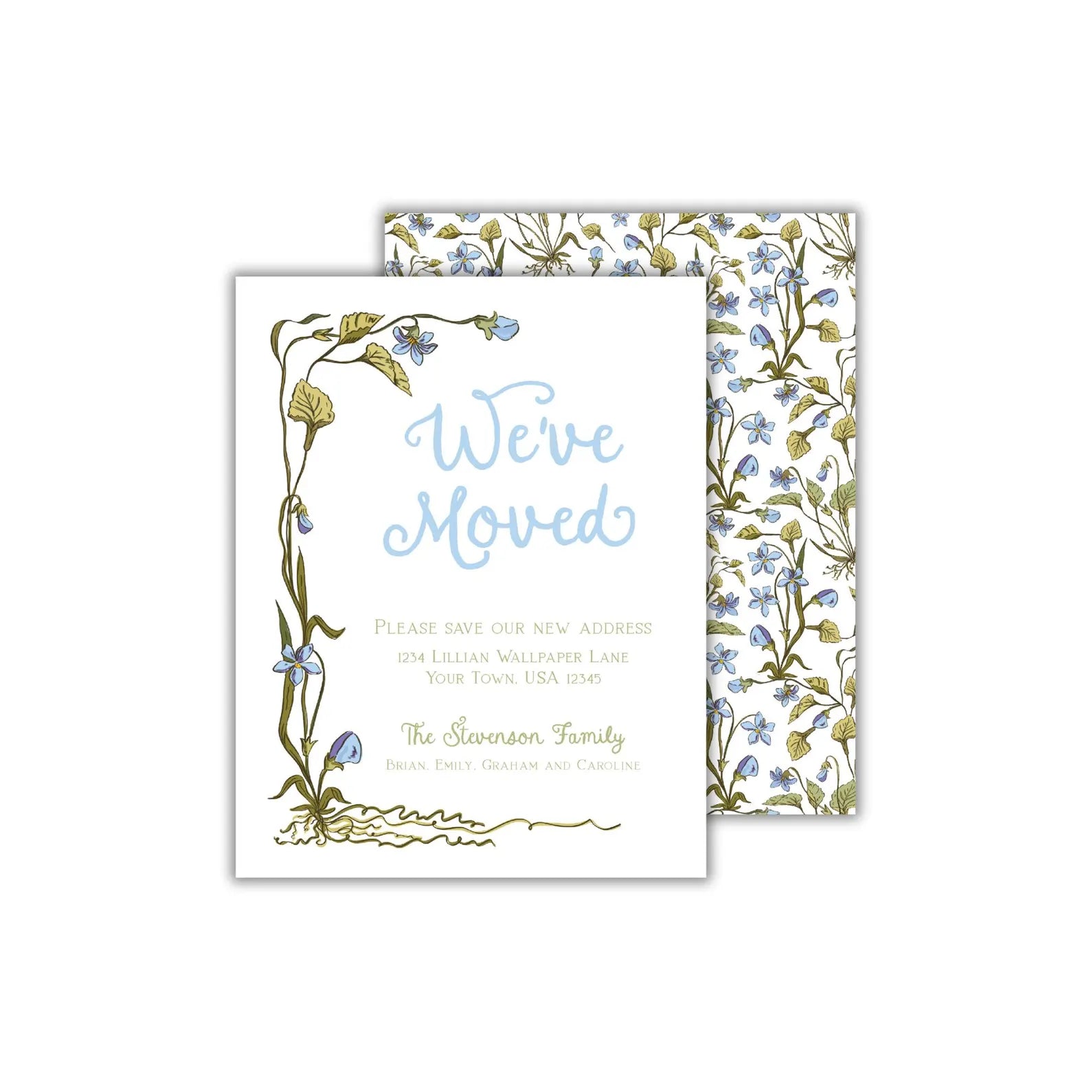 a wedding card with blue flowers on it